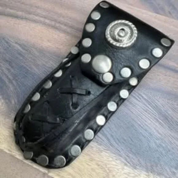 VTG Western Hand Tooled Black Leather Bifold Wallet & Studded Concho Belt Pouch - Picture 6 of 10